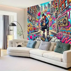 Graffiti Alley Rap Artist Tapestry - Vibrant  Art Wall Hanging with LOVE & Music Notes, Polyester Fabric for Living Room, Bedroom, Party & Event Decor, Hip Hop Decor, Home Decoration, Contemporary Design, Detailed Artwork, Modern Home Decor Size