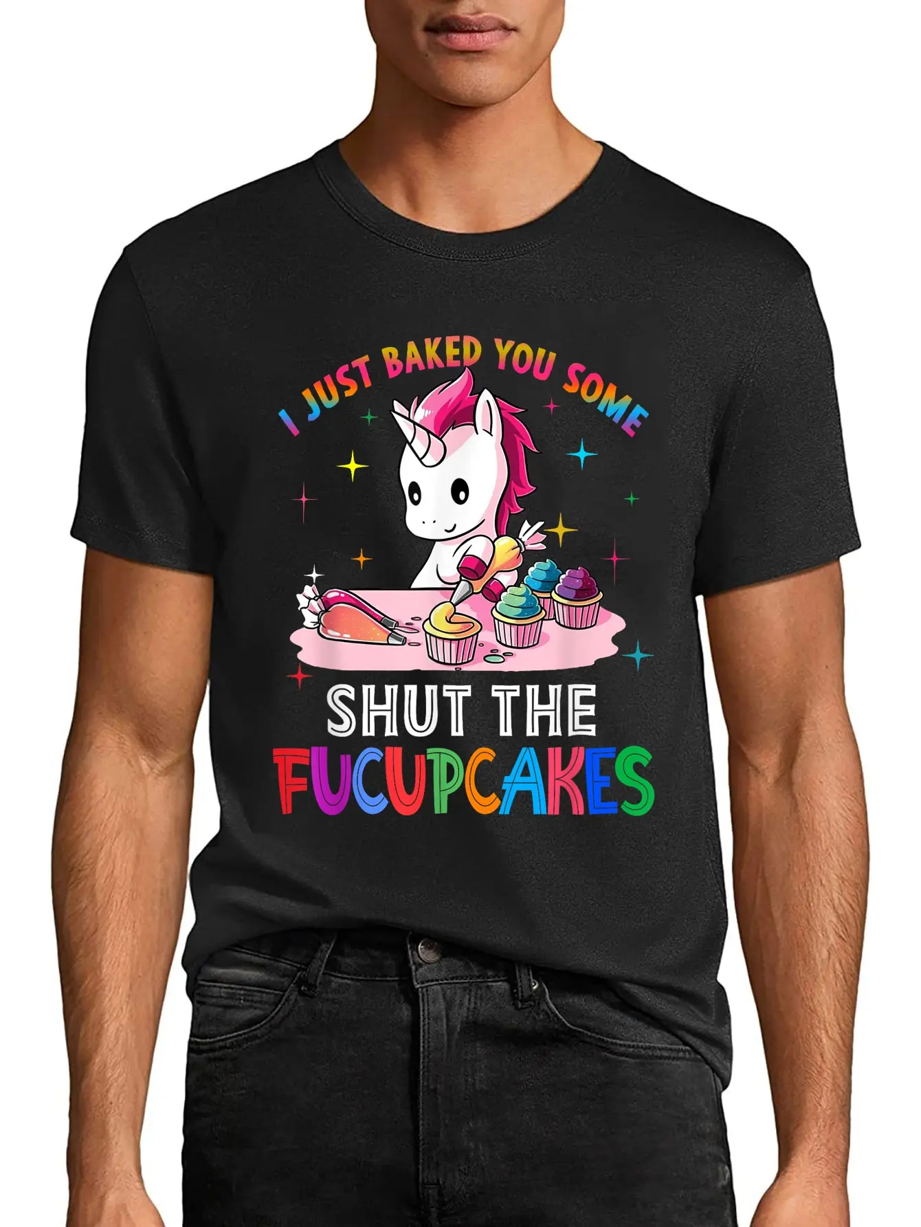 Men's Vintage Distressed Short-Sleeve Cotton T-Shirt - Funny Unicorn 'Shut The Fucupcakes' Graphic, Unisex Tops, Casual Novelty Gift, Fitted Cut, Preppy Style, Wide Size Range, Graphic Tee, Unicorn Print, Wide Range