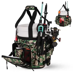 Fishing Bucket Organizer for 5 Gallon Bucket Accessories, Fishing Tackle Bag with Adjustable Buckle, Fishing Rod Bag with 15 Multi-Pockets for Fishing Gear and Equipment (Green Camo)