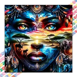 5D DIY Full Drill Round Diamond Painting Kit - African Floral Pattern Mosaic Canvas Handicraft DIY Wall Art, Home Wall Decoration