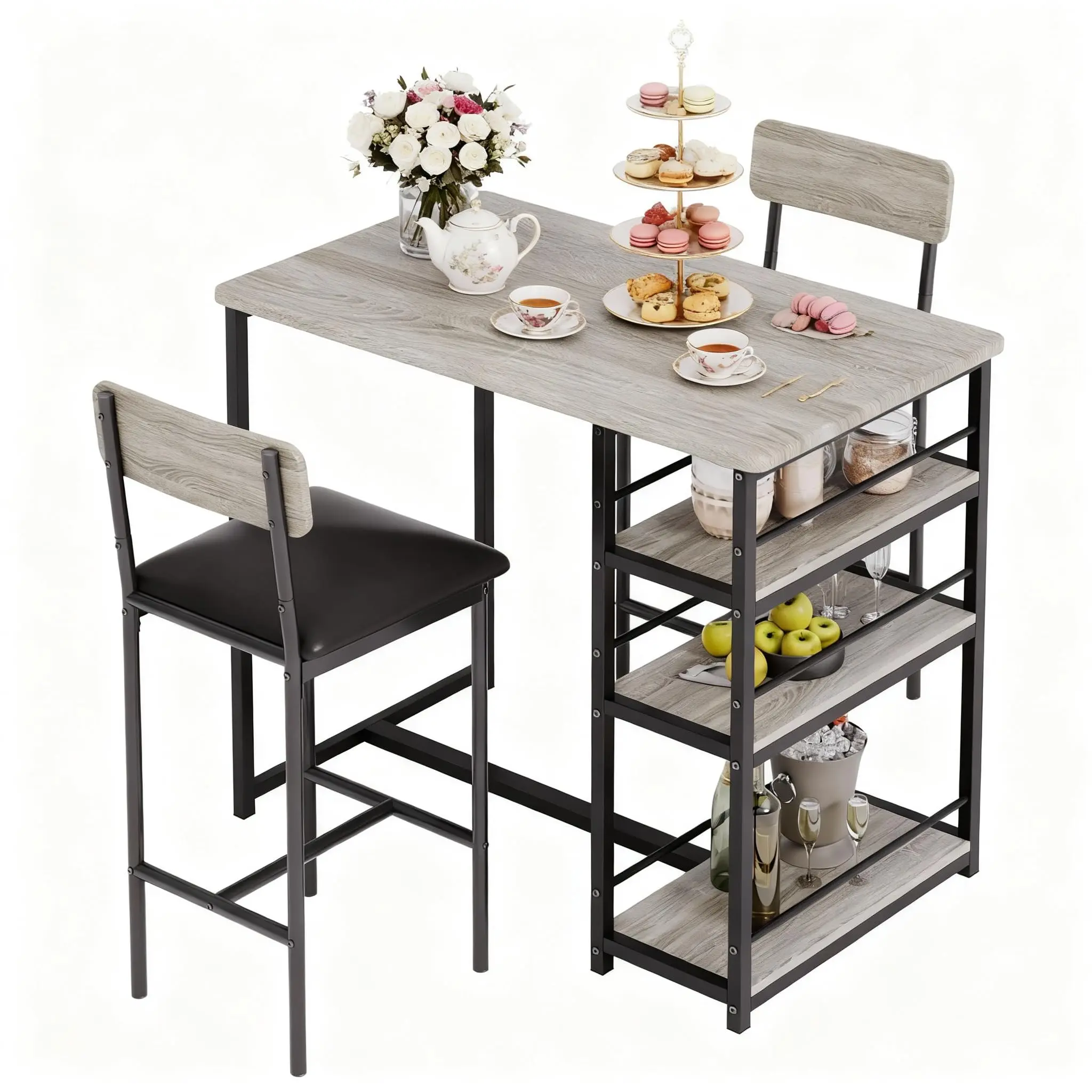 Garvee Versatile Dining and Bar Furniture Sets with 2 to 4 Piece Counter Height Tables and Upholstered Chairs or Stools Featuring Storage Shelves, Rustic and Modern Designs, Easy Assembly, Ideal for Small Spaces and Apartments