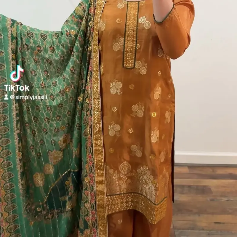 (Size40/42) SimplyJassi Mehendi Royale Suit - Sparkling Green & Orange Luxurious Wedding Sangeh Suit - Exclusive at SimplyJassi