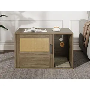 Cat Litter Box Enclosure Furniture Cabinet Odor Control with Scratching Pad Wooden Cat House Side End Table for Living Room Bedroom