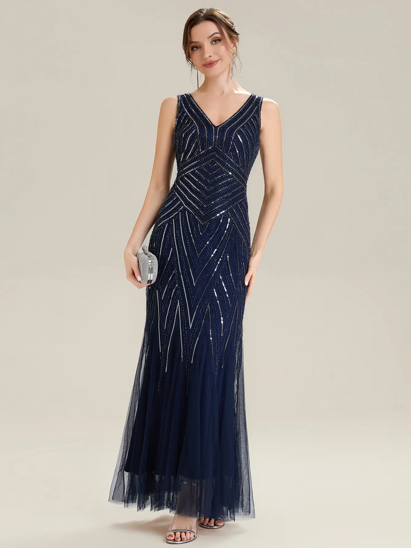 Ever-Pretty 2026 Trendy Women's Deep V-Neck Glitter Sequin Sleeveless Formal Evening Dress - High Stretch Fabric, Mermaid Hem, Fit, Low Iron, Modest, Wedding Guest Dress for Prom, Night Out EE02679