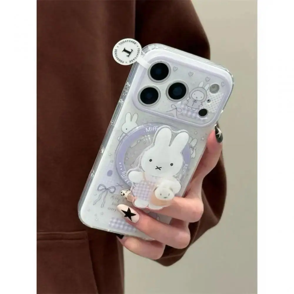 Miffy Cartoon TPU Smartphone Case - Purple Rabbit Pattern, Pop Socket, Shockproof Protection, Glam Casing for iPhone, Cute Accessory for Cellphone Animal Lovers