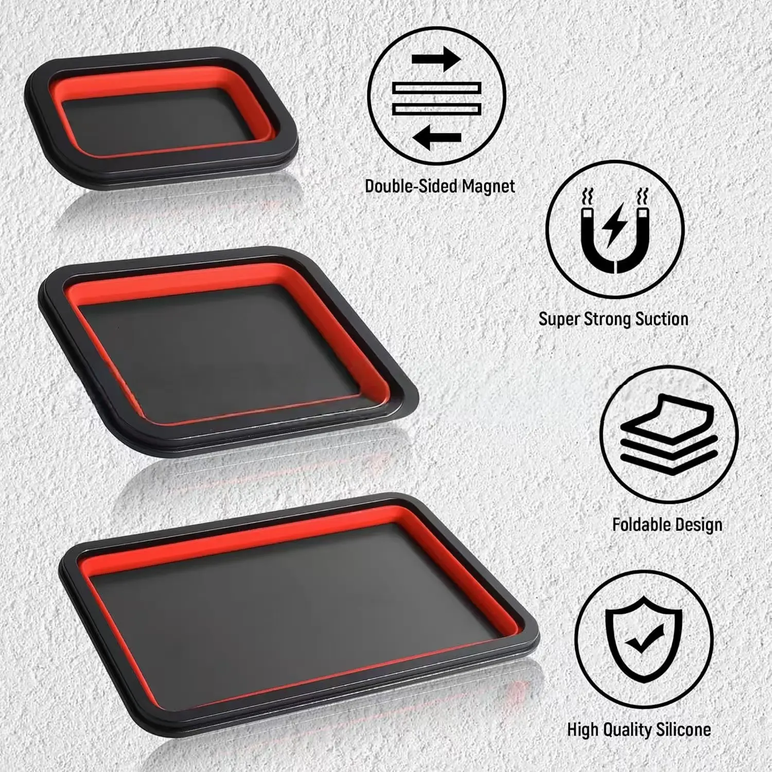 3-Piece Magnetic Folding Trays, Rectangular Silicone Trays for Parts Organization, Magnetic Storage Solution for Workshop & Home