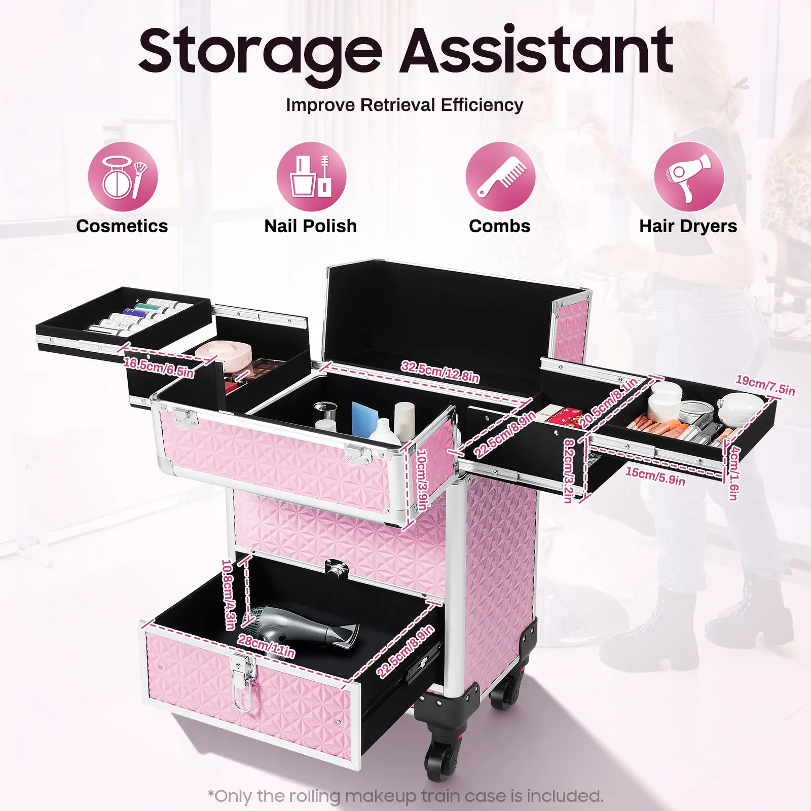 CNCEST Durable Alloy Frame Rolling Train Case - 20kg/44.09lbs Capacity, Large Storage with Drawers & Sliding Rails, 2 Keys for Access, Portable Salon Trolley Makeup Organizer for Nail Technicians, 44Lb, With Wheel, Modern, Rectangular, Detachable Parts, I
