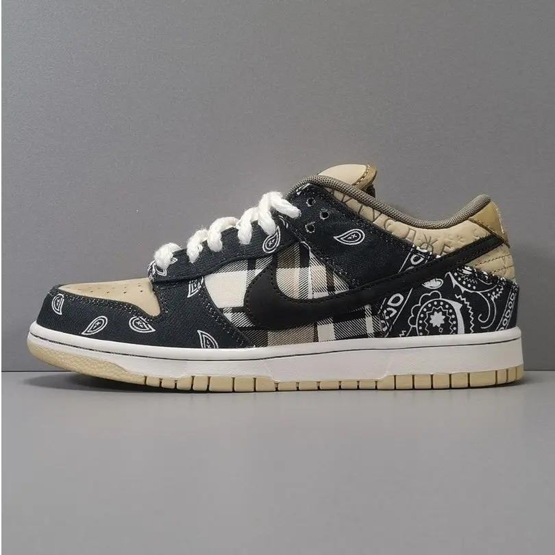 Black‑Tan Paisley Plaid Spliced Skate Shoes, Canvas‑Leather Combo, Low‑Top Flat Lace‑Up, Unisex Retro Trend Casual Sneakers