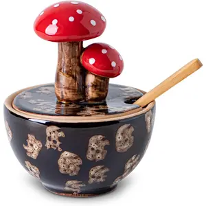 Handmade Brown Ceramic Porcelain Mushroom Kitchen Canister - Salt Cellar with Lid, Bamboo Spoon Container, Kitchen Utensils for Birthday Gifting, Dish Storage