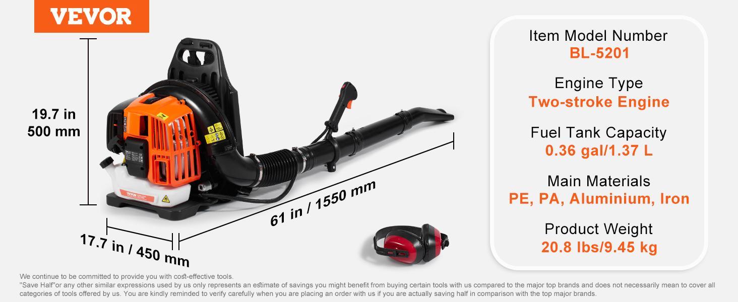 VEVOR Backpack Leaf Blower, TikTokShopBlackFriday, 52CC 2-Cycle Leaf Blower with 1.37L Fuel Tank, 480CFM Air Volume 175MPH Speed, Ideal for Lawn Care, Leaf Cleaning, and Snow Removal