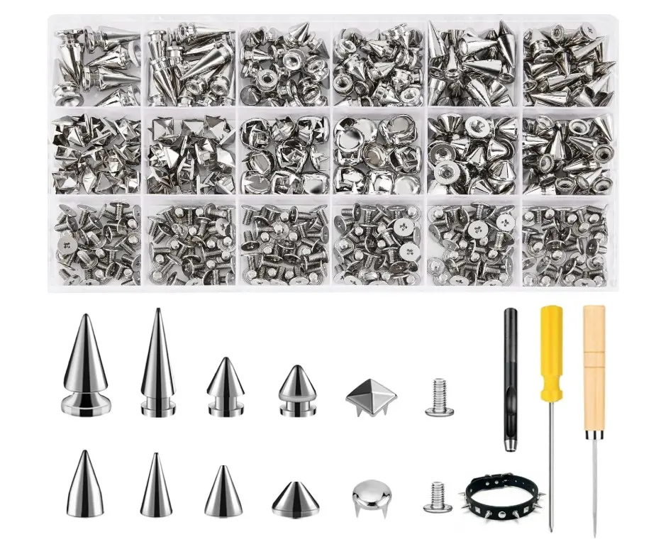 Craluuur 455PCS Punk Spikes and Studs Kit for Clothing, 12 Sizes Premium Metal Cone Spikes, Square Pyramid Studs & Round Dome Rivets for Leathercraft and Punk Style DIY Craft Decoration