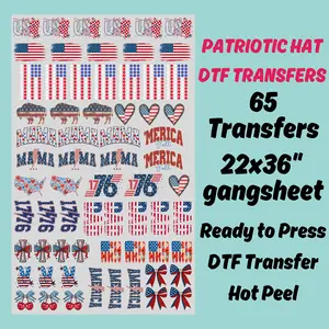 Patriotic Hat DTF Transfers 65 Transfers 22x36 Gangsheet Ready to Press Hot Peel American Flag Design for Fitted Trucker Hats Beach & Lake Prints