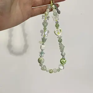 Green Flower Phone Strap Lanyard Cute Kawaii Butterfly Charms Keychain Cases For iP 15 Airpods Earphones Ins Korea Hot Handmade