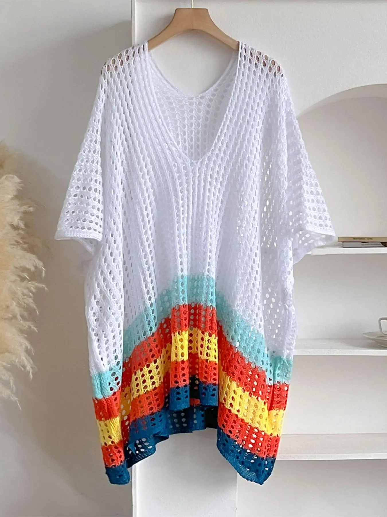 Women's Colorful Patchwork Open Front Lightweight Crochet Cape Knitwear, Casual Beach Cover Up Shawl for Daily Wear, Fashion Accessories for Women & Girls, Everyday Beach Coverup