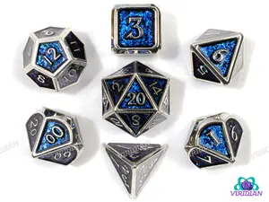 Blue & Silver | Sequined Deep Blue Mica & Black, Silver Gloss | Metal Dice Set (7)