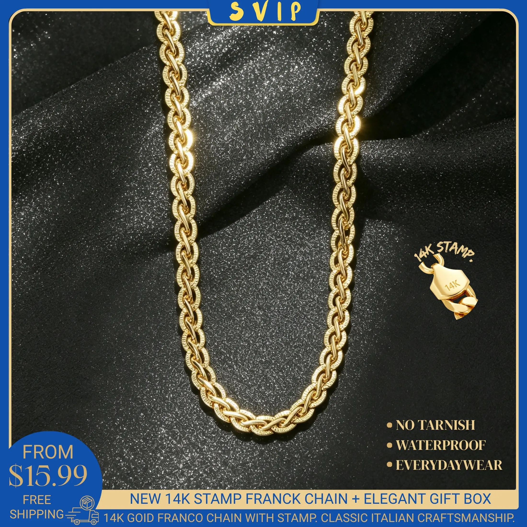 14K Gold Plated Italian Design Franco Chain Unisex Necklace, Stainless Steel Non Tarnish Waterproof Necklace, Miami Franco Chain 6mm 8mm 20in 24in Hip Hop Jewelry