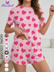 Women's Pajama Set, Soft Skin-Friendly Fabric, Short Sleeve Top & Elastic Waist Shorts, Cute Casual Sleepwear for All Seasons, Romantic Sleepwear Comfy Loungewear