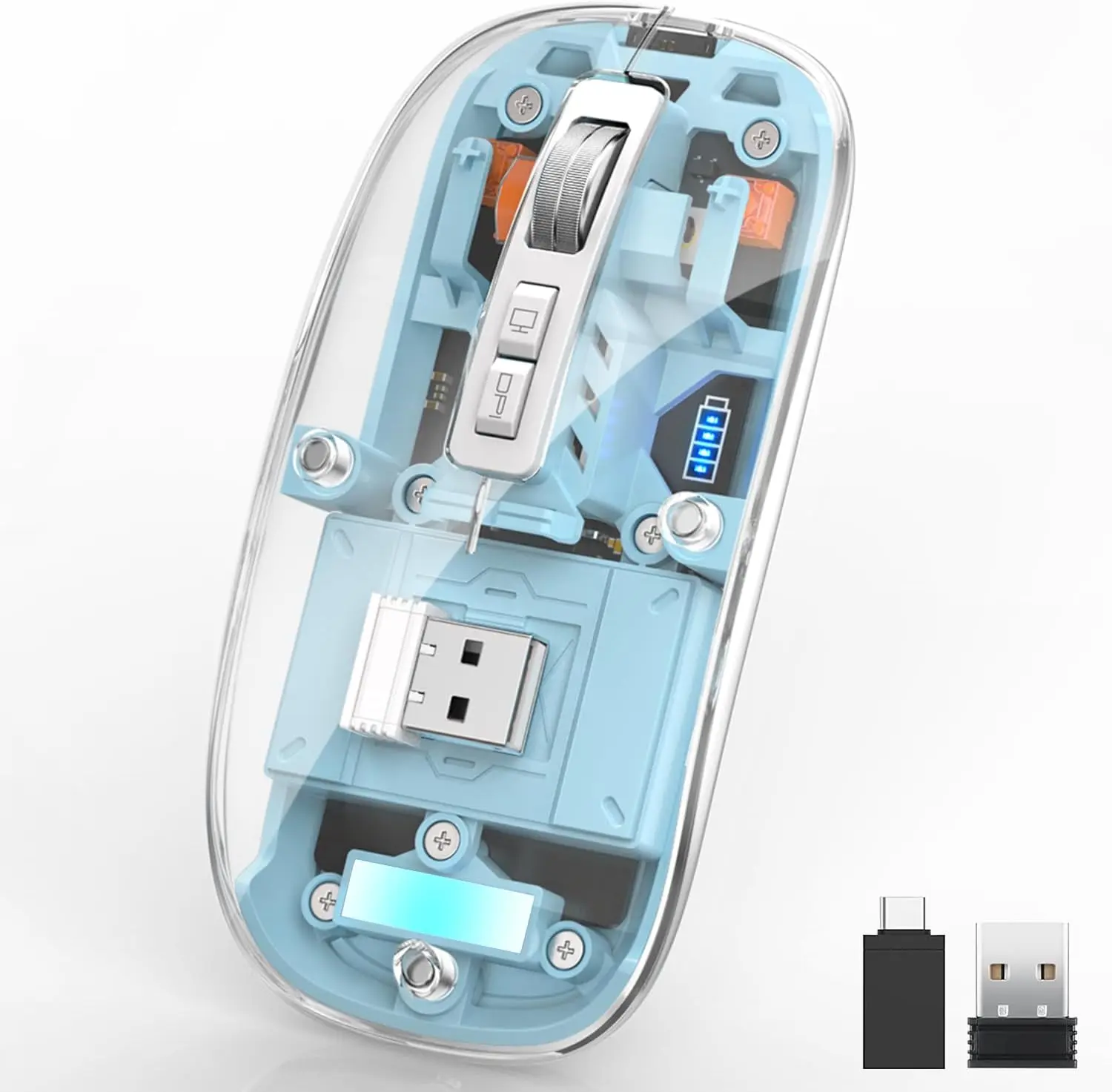 Wireless Bluetooth5.1&2.4G Mini Lightweight Mouse,Transparent Clear Cool,Rechargeable Silent Computer Mice,Nano USB C Receiver,LED Battery Magic Silm for Office/PC/Mac/Laptop/Apple/ipad