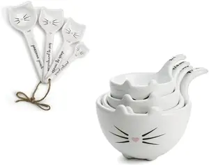 White Cat Measuring Cups & Spoons Gift Set – Ceramic Kitchen Tools for Cat Lovers & Bakers – 4 Cups & 4 Spoons – Charming Design – Durable & Functional – Perfect for Baking & Gifts