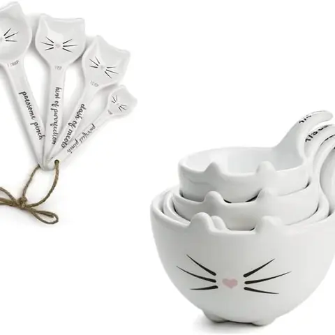 White Cat Measuring Cups & Spoons Gift Set – Ceramic Kitchen Tools for Cat Lovers & Bakers – 4 Cups & 4 Spoons – Charming Design – Durable & Functional – Perfect for Baking & Gifts