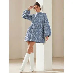 Women Elegant Textured Floral Lantern Sleeve A-Line Mini Dress, Autumn