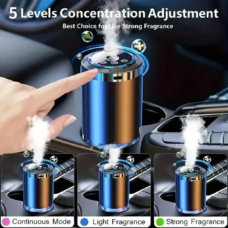 This smart car fragrance diffuser combines an air freshener, aromatherapy diffuser, humidifier, starry sky projector, and ambient lighting into one device. It can keep the air inside the car fresh for a long time