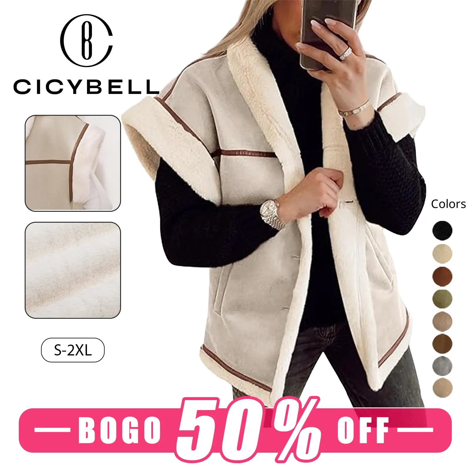 【BOGO 50% Off 】Cicy Bell Womens Suede Sherpa Vest Faux Fur Shearling Jacket Oversized Cap Sleeve Button Down Winter Coats