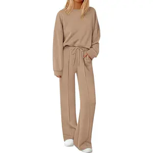 PrettyGarden 2 Piece Sets For Women Fall Trendy Long Sleeve Sweatshirt Wide Leg Pants Loungewear Set Matching Sweatsuit High Quality Homewear, Cozy&Comfy Travel Outfit,Minimalist Premium Womenswear