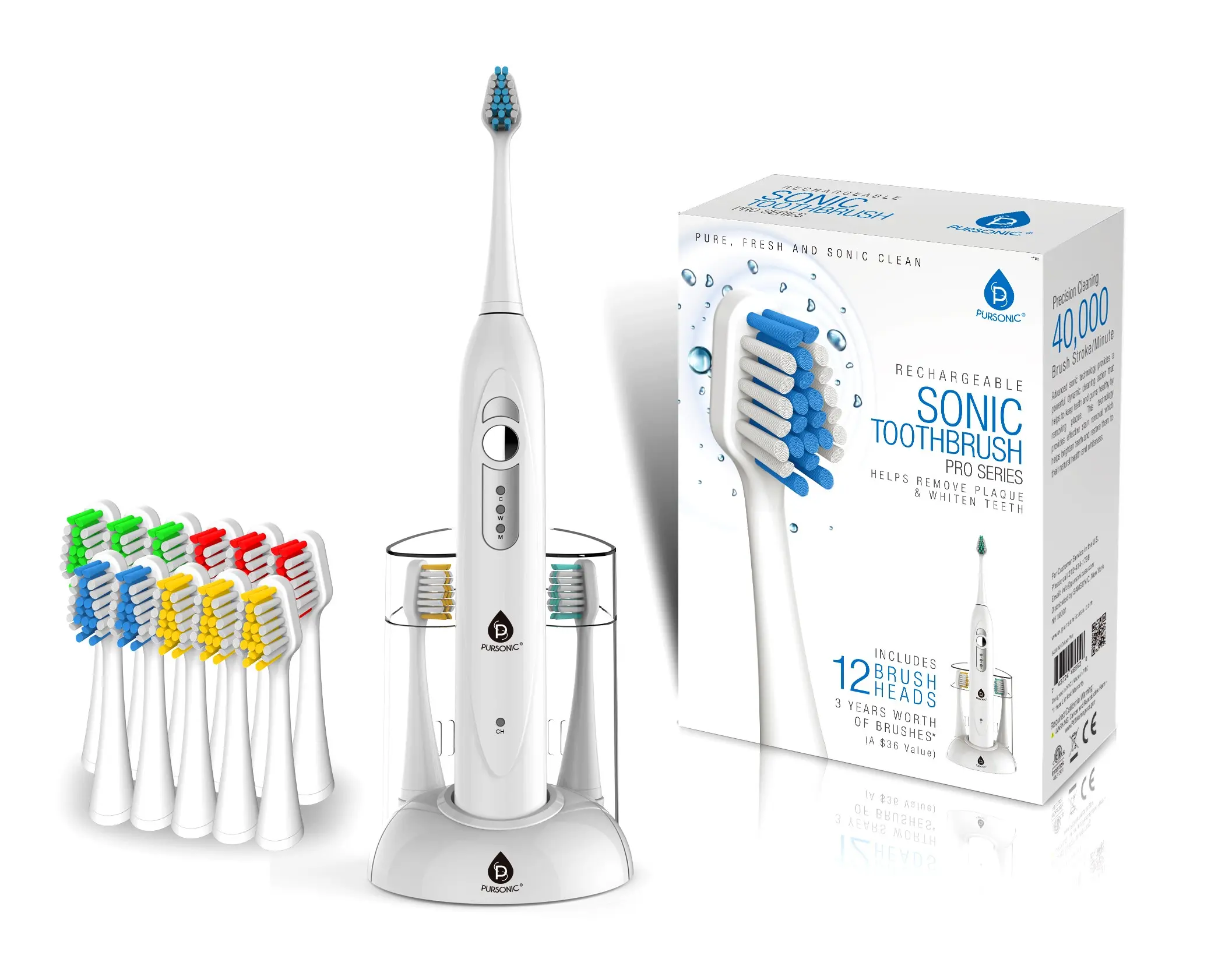 212 MAIN Rechargeable Electric Sonic Dog & Cat Oral Care Toothbrush, 40000 Strokes/Min, Teeth Plaque Remover, Gum-Gentle, Whiter Teeth, Deep Cleaning, 2 Minutes Auto Timer, 3 Operation Modes, 12 Color Coated Brush Heads, White, 40,000 Powerful Strokes Per