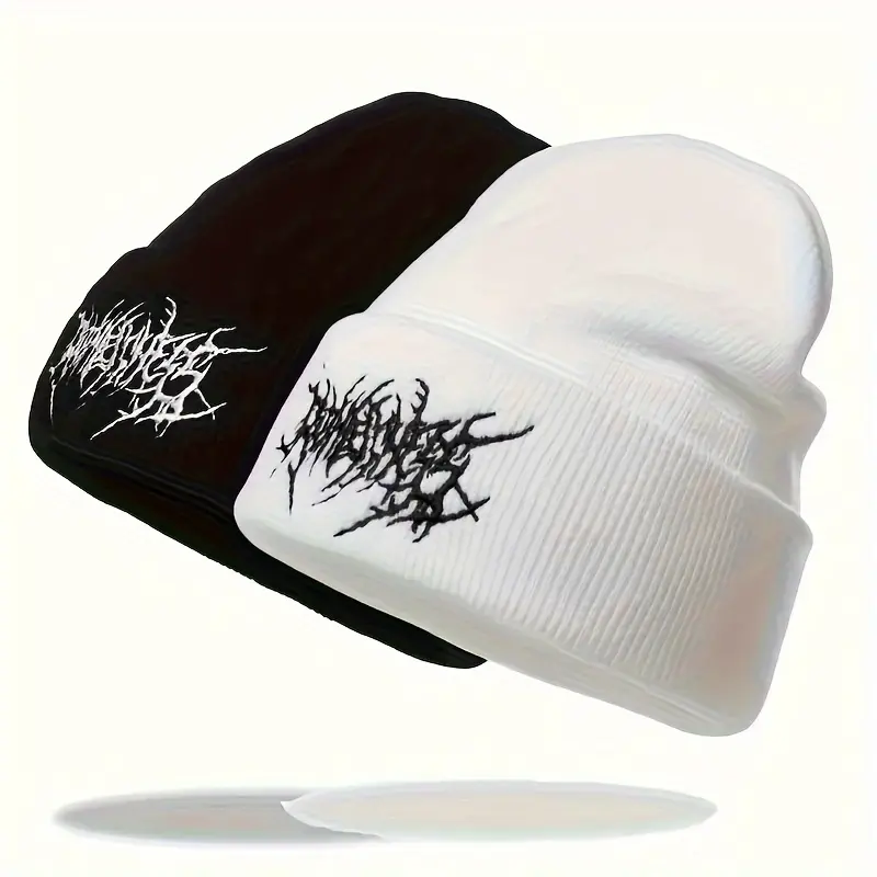 2pcs Soft Embroidered Beanie, Stylish Gothic Knit - Warm, Fashionable Street Ski Cap For Men And Women - Casual Winter Accessory