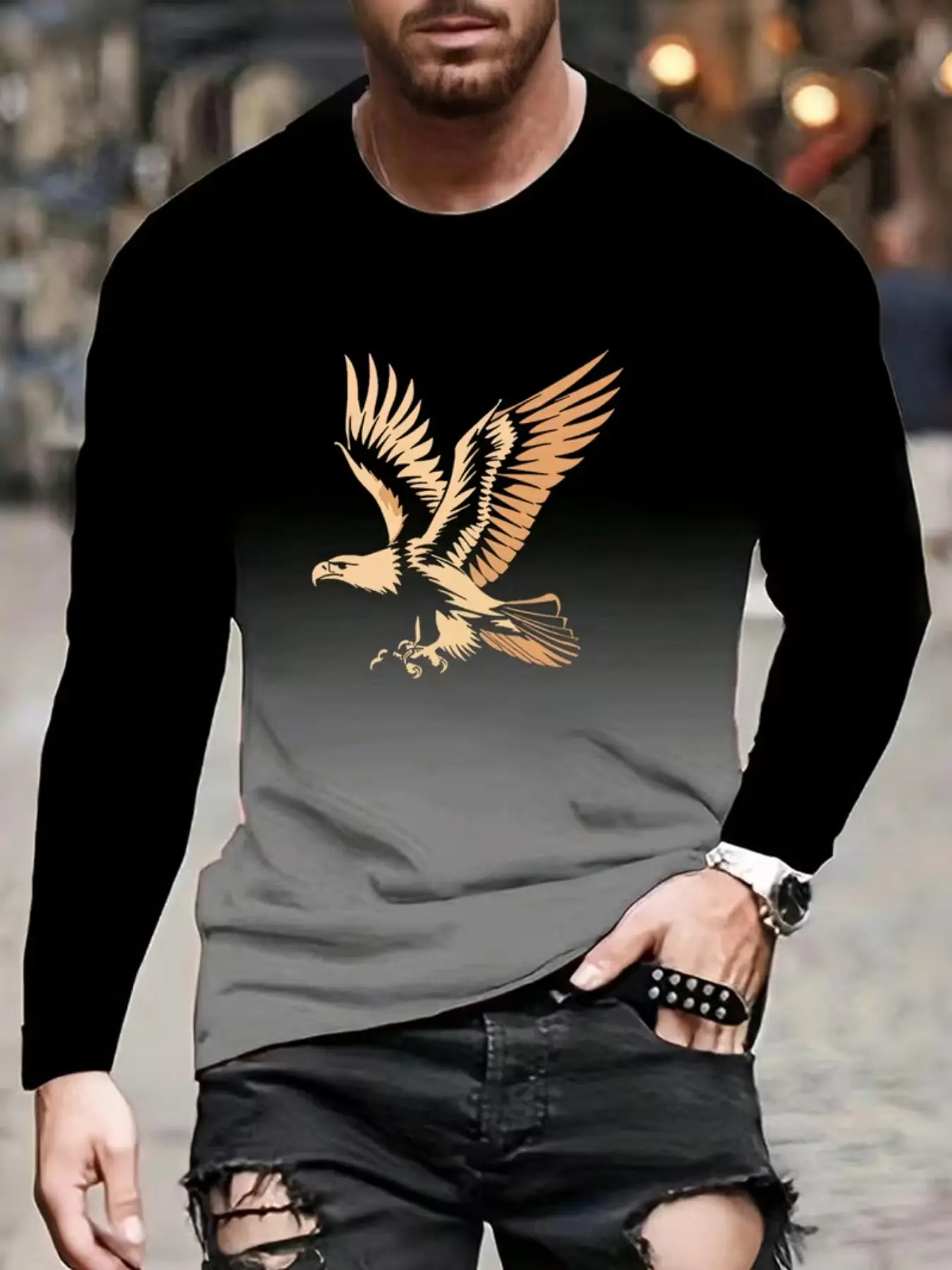 Men's Casual Streetwear Long Sleeve T-Shirt, Crewneck, Menswear, 3D Gradient Eagle Print, Soft Fabric, Available in to Turquoise, All Seasons