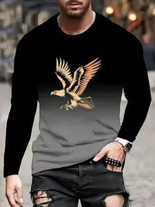 Men's Casual Streetwear Long Sleeve T-Shirt, Menswear, 3D Gradient Eagle Print, Soft Fabric, Available in to Turquoise, All Seasons