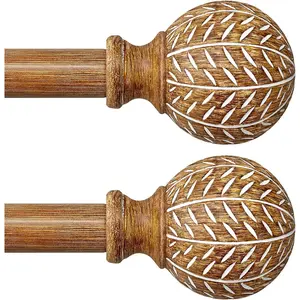 2 Pack Wood Curtain Rods for Windows 48 to 84 Inch,1'' Diameter Drapery Rods with Imitation Wood Grain Leaf Pattern Finials,Boho Adjustable Heavy Duty Curtain Rods Set,36-88'',Color:Natural Wood