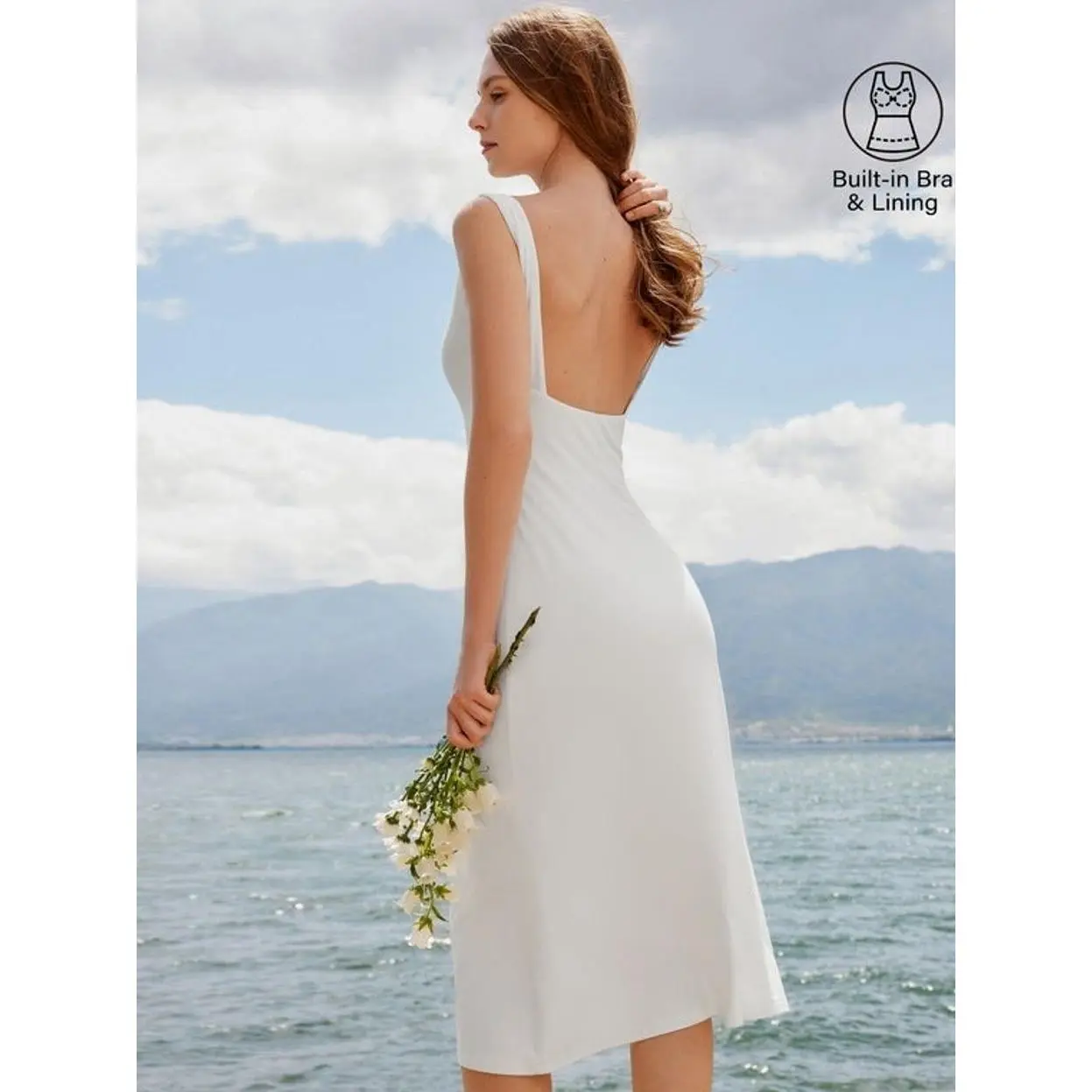 Classy Boatneck Open Back Bandless Midi Bra Dress - Pure White