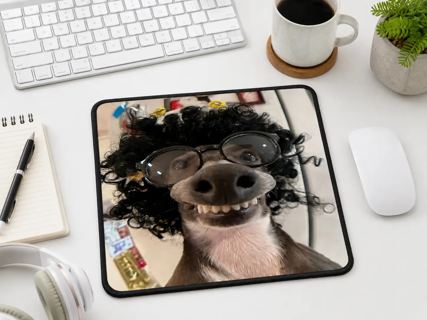 Funny Dog Wig and Glasses Mouse Pad, Meme-Themed Desk Decor Gift for Office Use