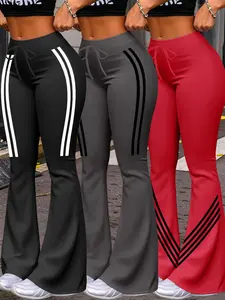 Women's Casual Striped Print Fitness Yoga Pants Set, Drawstring Waist Wide Leg Sweatpants, All-Season Fitted H-Type Jogger Bottoms