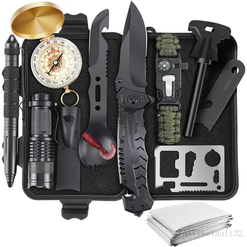 AAVibeVault32 13-in-1 Compact Survival Kit with Waterproof Box, Durable Tactical Gear & Equipment, Valentine’s Day Gift for Boyfriend/Husband, Ideal for Camping Hiking