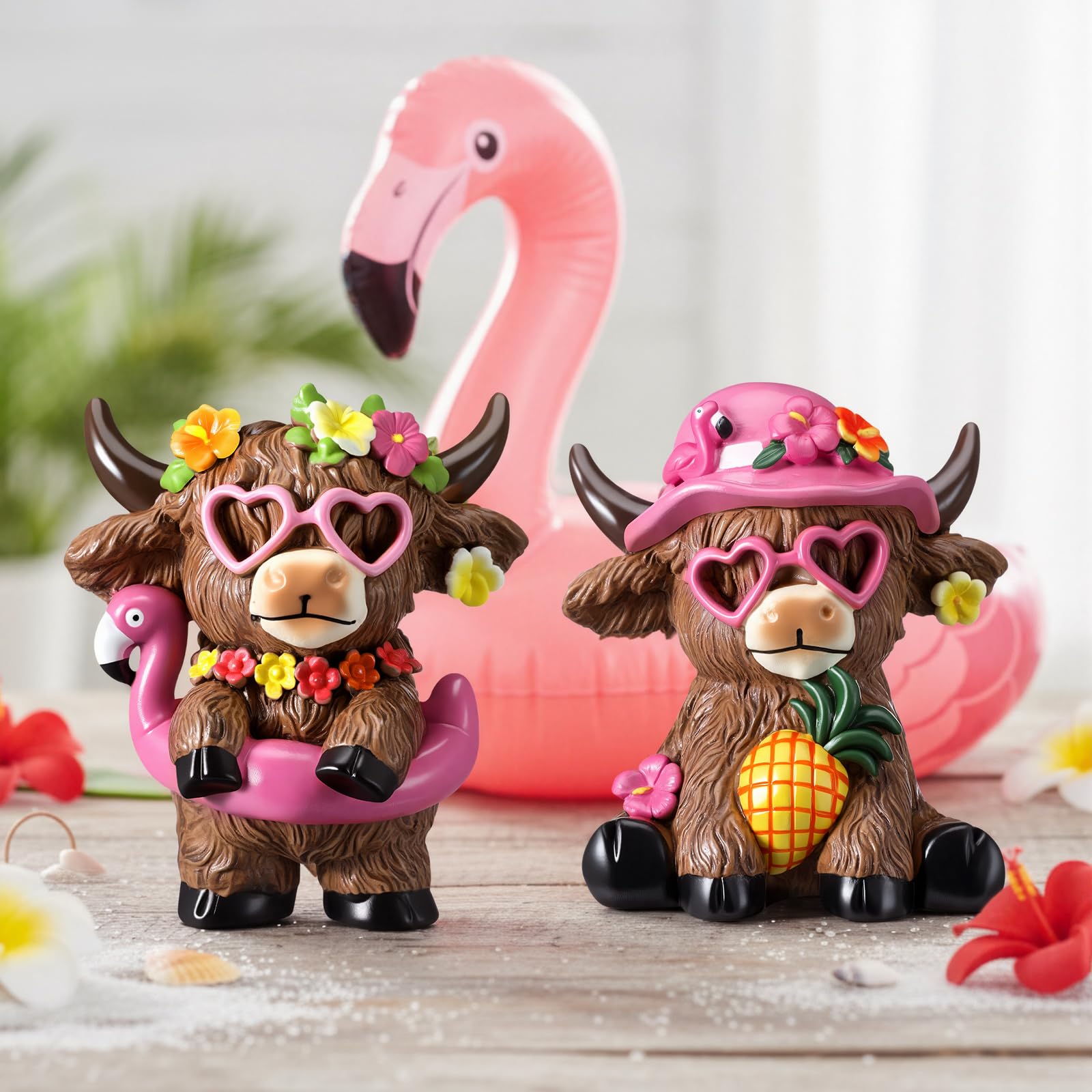 2 Pcs Hawaii Highland Cow Figurines Decor Summer Flamingo Resin Statue Gnomes Scottish Calf Lovers Housewarming Gifts for Coastal Garden Home Kitchen Office Tiered Tray Table Decor