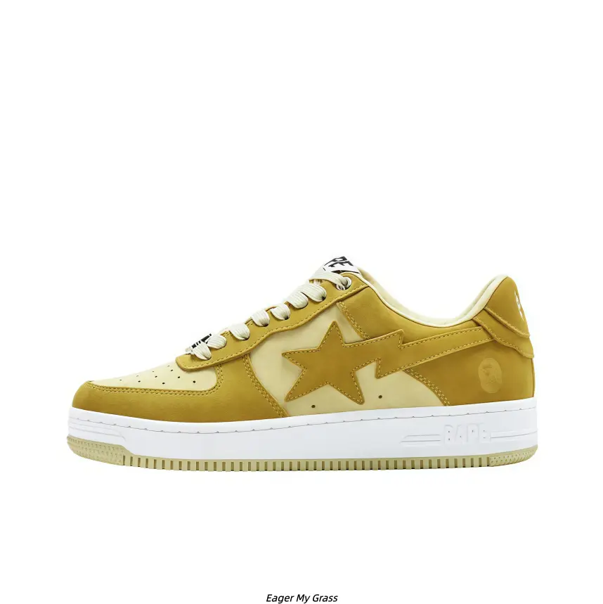 Mustard Yellow Off White Matte Microfiber Casual Skate Sneakers for Men Women, White Layer Cushion Flat Sole Shock Absorb Non-Slip Rubber Daily Walking Board Shoes
