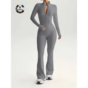 Women's Sporty Two-Piece Set, High Waist Yoga Pants & Long Sleeve Jacket, Soft Breathable Fabric, All Seasons Wear, Solid Sports Sets