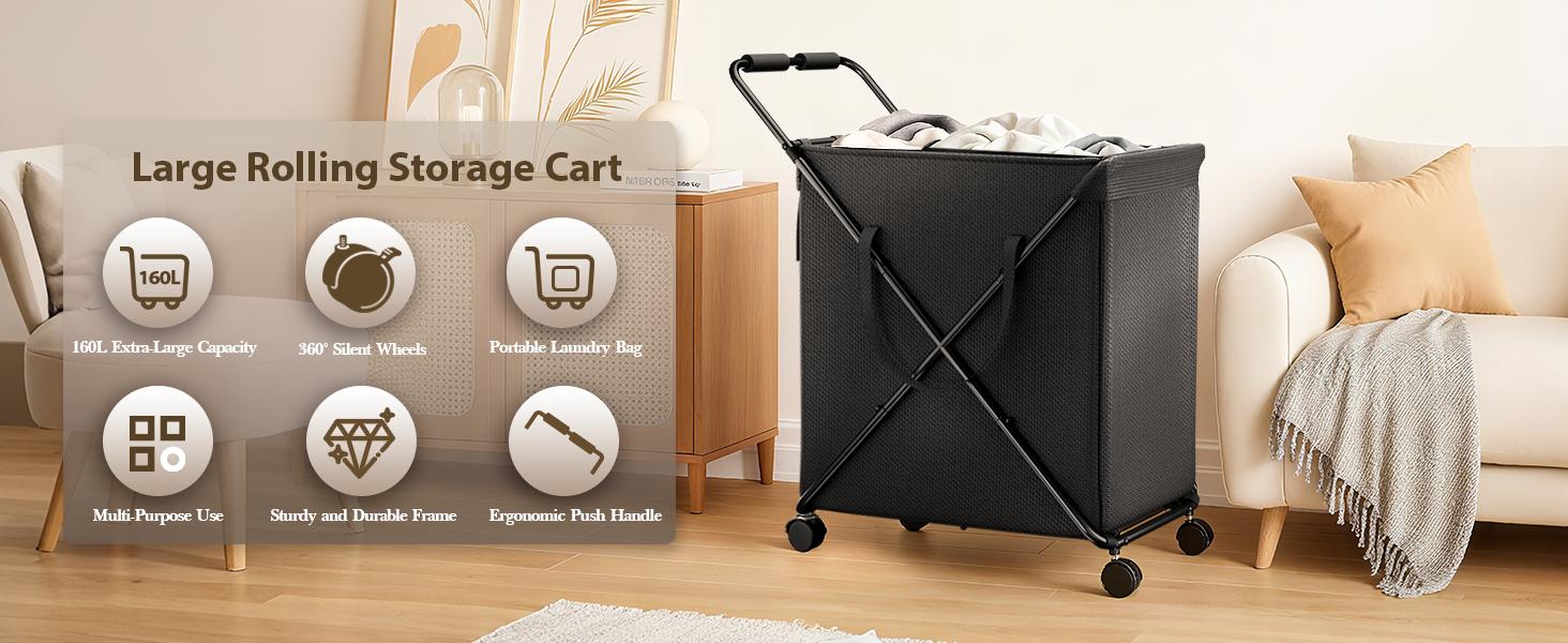 Uniflasy Rolling Laundry Hamper with Wheels, 43 Gal (160L) Large Laundry Basket with Lockable 360° Wheels, Metal Frame, Removable Water-Resistant Liner for Laundry Room Bedroom, Black