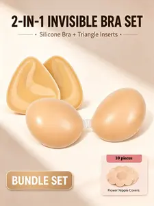 Invisible Silicone Bra & Triangle Nipple Covers Set – Seamless Push Up Lift & Shape Bundle, Strong Hold Adhesive, Strapless Backless Support for All Outfits, All-Day Comfort & Invisible Fit