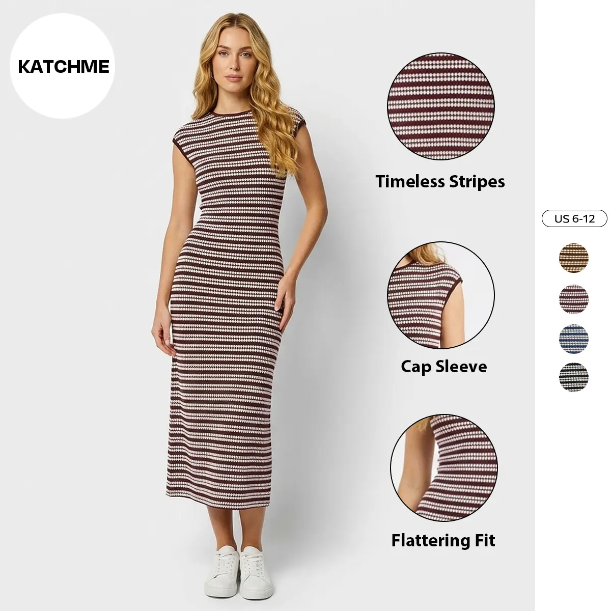 Katch Me Women's Timeless Stripes Cap Sleeve Soft Slinky Dress, Breathable Women's Clothing for Daily Wear, Summer Flattering Dresses