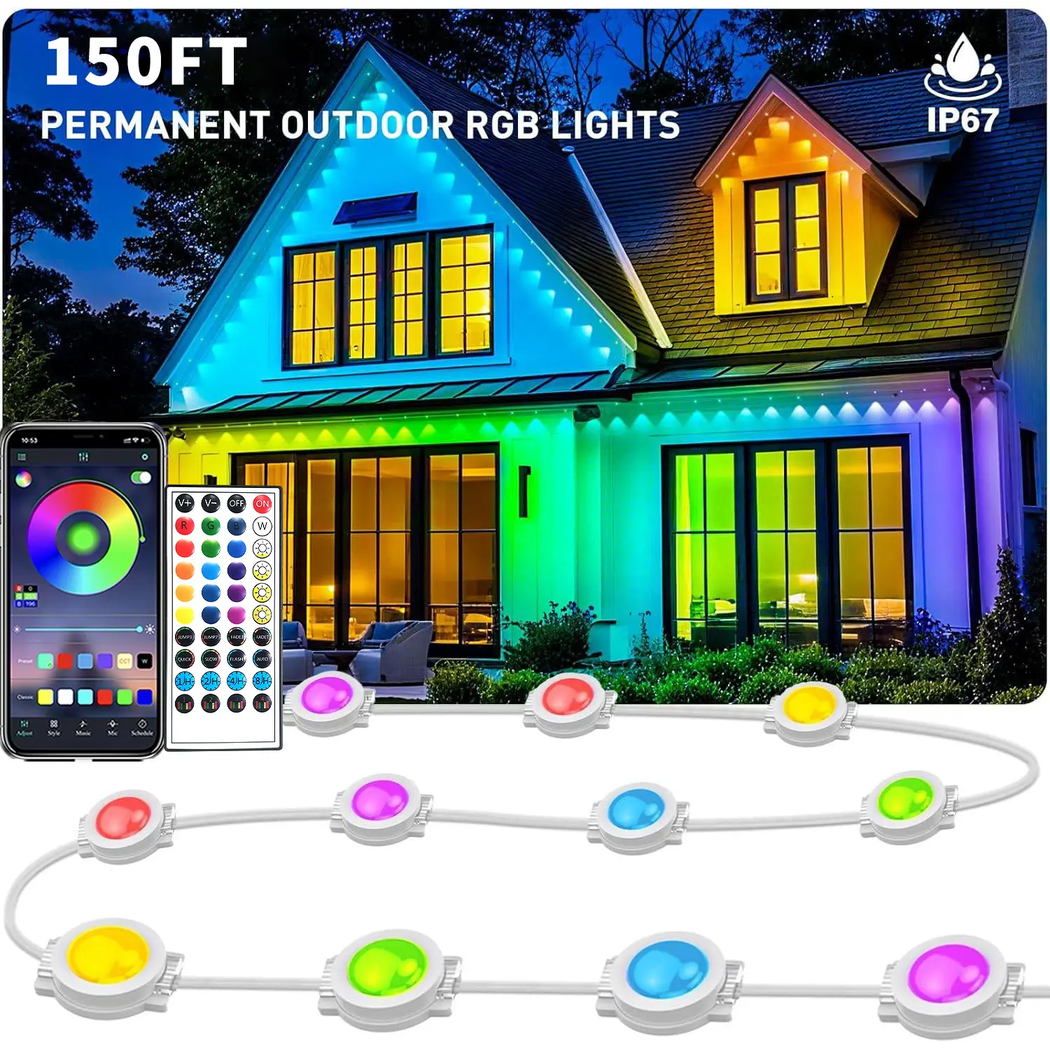 Permanent Outdoor RGB Lights IP67 Waterproof Smart LED Eaves Lights with App Remote Control Music Sync Color-change Scenes for Christmas Holiday Halloween Parties Daily Ambient House yard Decor USB