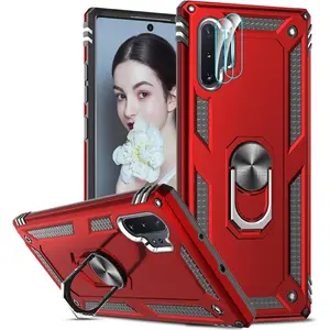 Phone Case for Samsung Note 10 Plus: Galaxy Note 10 Plus Phone Case with [2 Pack] Camera Lens Protector for Women Men, Military-Grade Heavy Duty Case with Metal Ring Stand for Note 10 Plus, Red