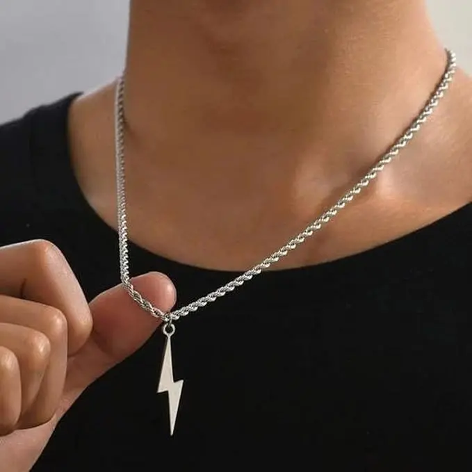 Rope Chain Necklace with Lightning Bolt Pendant – Trendy, Bold, and Eye-Catching Statement Jewelry for Everyday Wear, Festivals, and Streetwear Fashion – Durable, Stylish, and Perfect for Layering – Great Gift for Trendsetters, Music Lovers