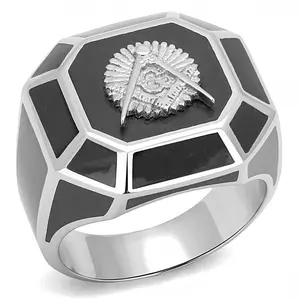 Masonic Men's Mason Lodge Ring in Stainless Steel with Black Epoxy Accents Octagon Design Durable & Gift Boxed