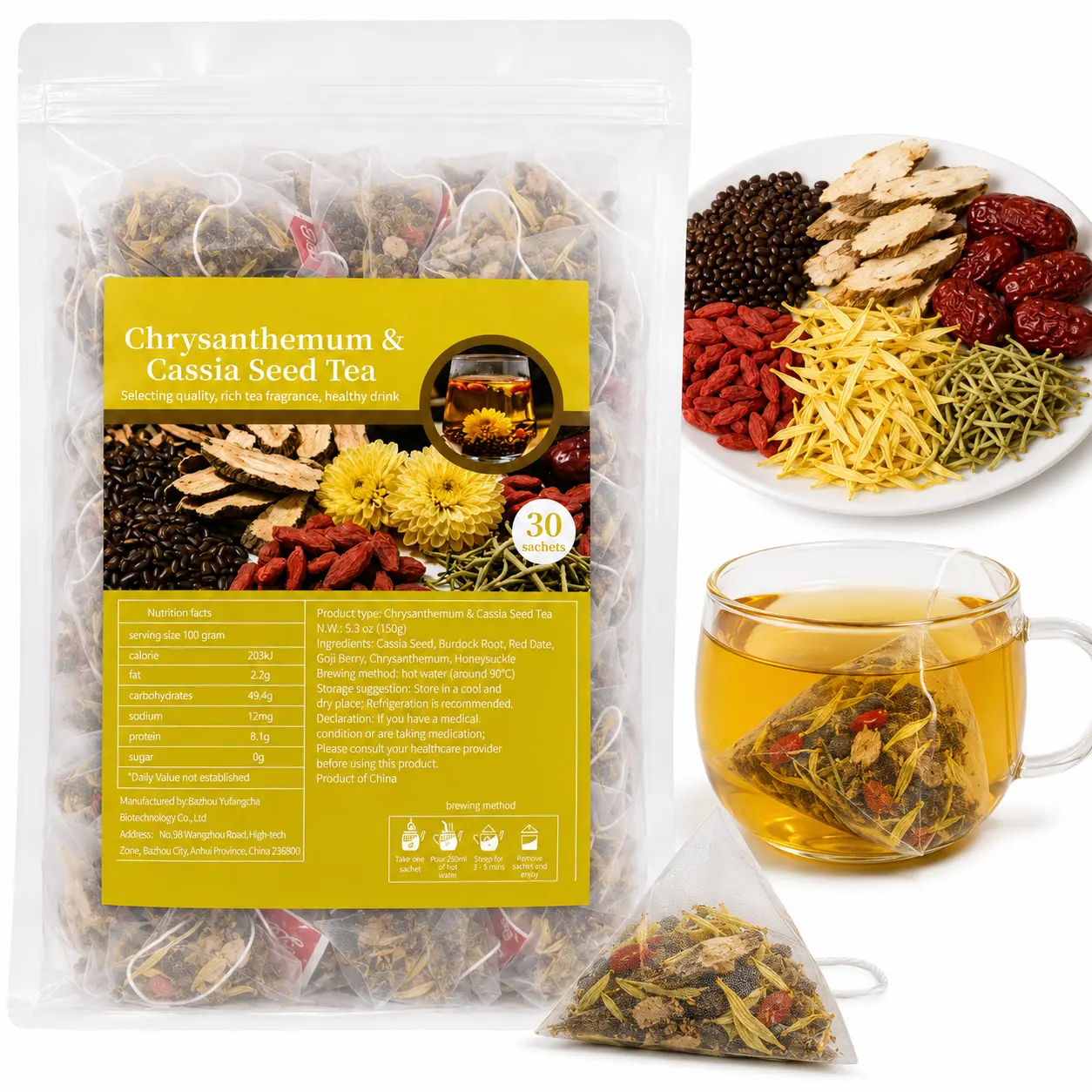Chrysanthemum & Cassia Seed  - 30 Herbal Sachets with Goji & Burdock Root natural herb turmeric berry chrysanthemum  bitter melon thai green encinta eye care tea parsely pasiflora Ten Treasure Kidney boba oil flush Sweet Tangerine Energy Tea oolong