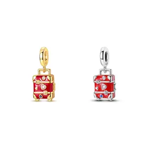 ️ MULA 925 Silver-plated love suitcase charm | Suitable for Pandora bracelets | Travel dream | Red enamel suitcase | Retro style beads | Gift for travelers
