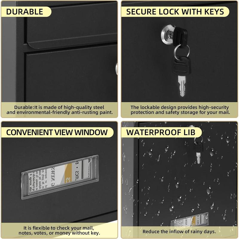 Mailboxes for Outside, Wall Mount Locking Mailbox, Security Mailbox with Lock Key and Three Sets 0-9 Mail Box Numbers, Large Capacity Steel Cover Metal Postbox for Outdoor, 13.8X 10.8X 3.25 Inch Black terrarium garden heavy duty premium zipper door groud